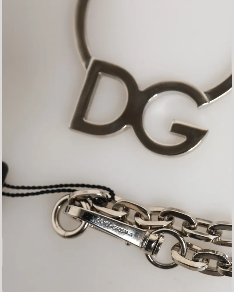 Dolce & Gabbana Silver Tone Brass Chain Dg Logo Pendant Men Necklace Real Zamak Silver