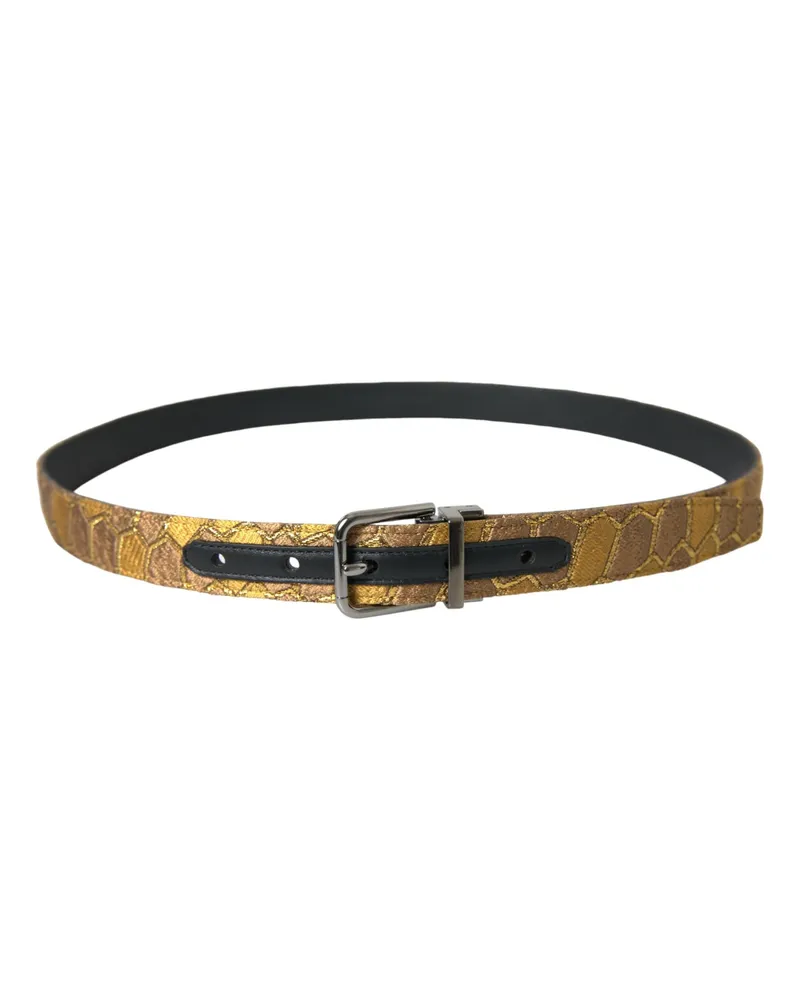Dolce & Gabbana Men's Gold Leather Jacquard Silver Metal Buckle Belt Gold