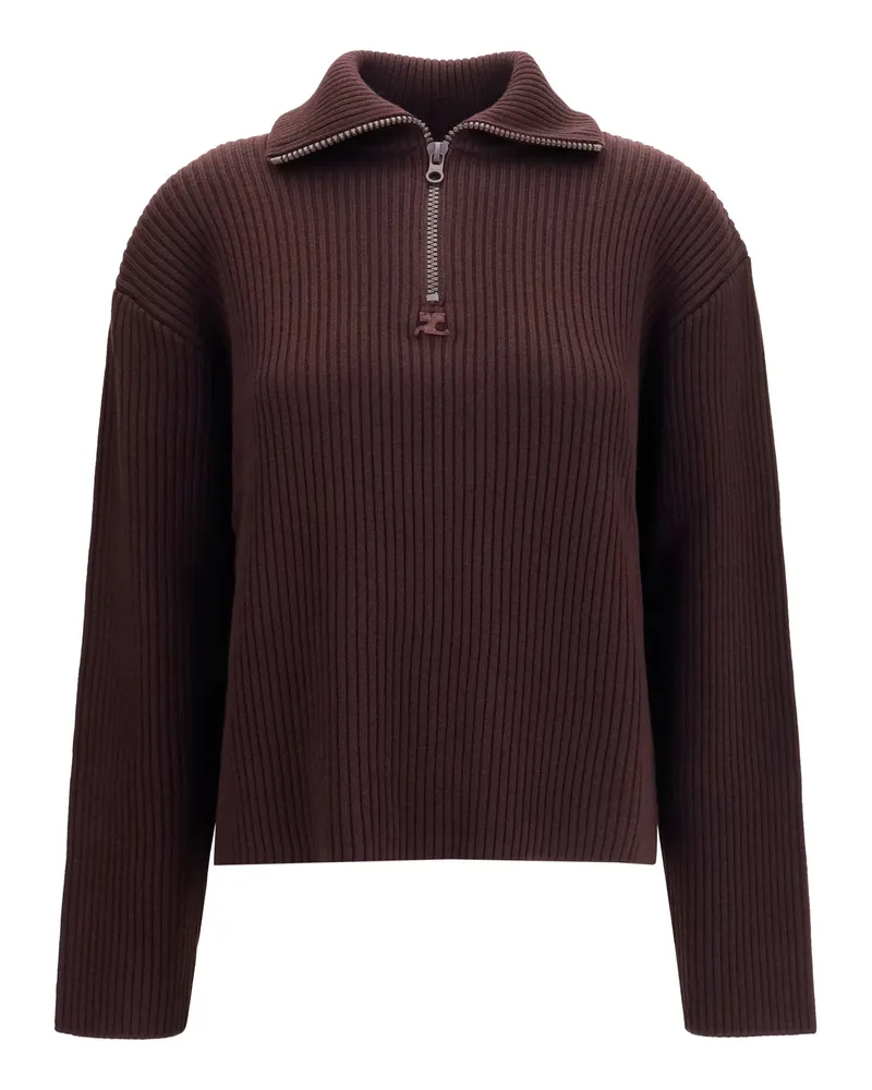 Courrèges Women's Ribbed Zip Sweater Burnt Red Merino Wool Red