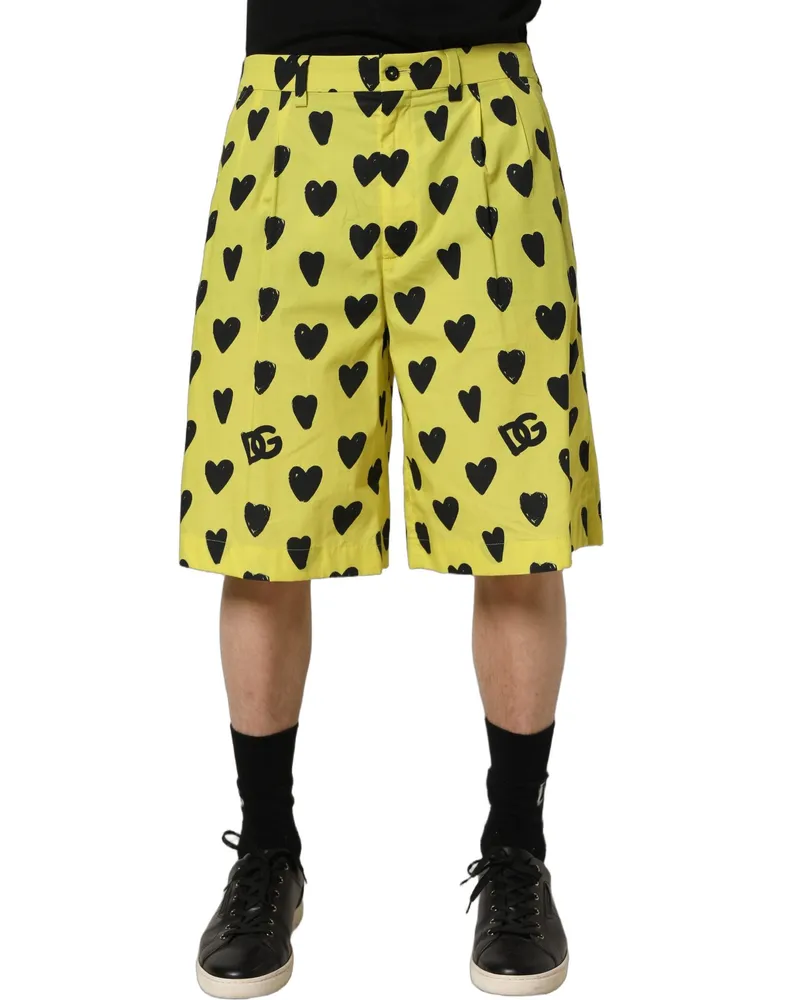 Dolce & Gabbana Yellow Cotton Heart Print Men Bermuda Shorts Yellow