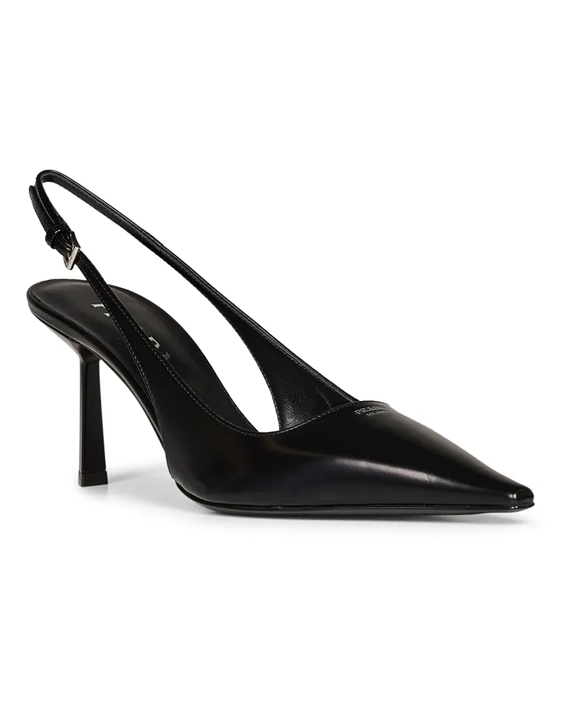 Prada Women's Slingback Pumps Brushed Black Leather Calf High Heel Shoes Black