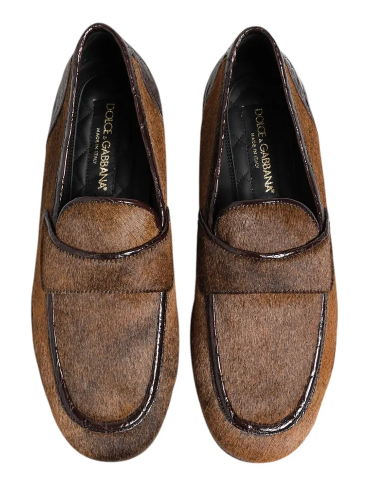 Dolce & Gabbana Brown Loafers Leather Slip On Men Dress Shoes Caiman Brown