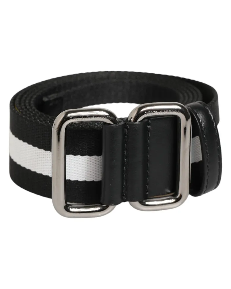 Dolce & Gabbana Black White Striped Metal Buckle Men Belt And Nylon Calf Leather Black