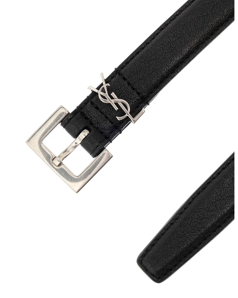 Saint Laurent Men's Leather Belt Black With Silver Buckle Lambskin Black