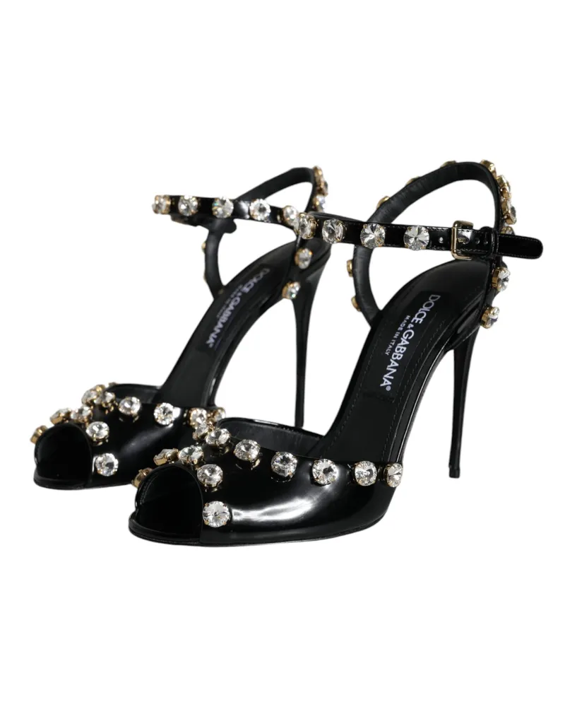 Dolce & Gabbana Women's Black Leather Crystal Ankle Strap Sandals Shoes Black