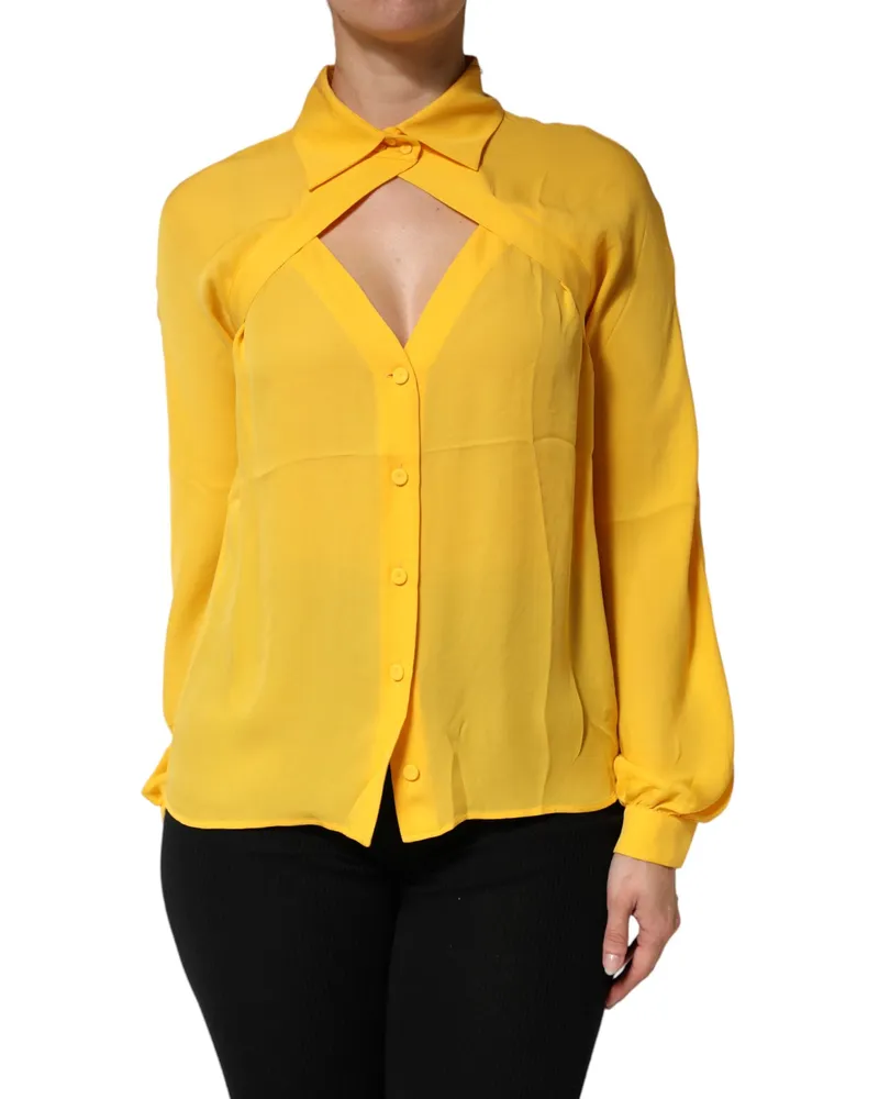 Moschino Women's Yellow Silk Collared Long Sleeves Top Yellow