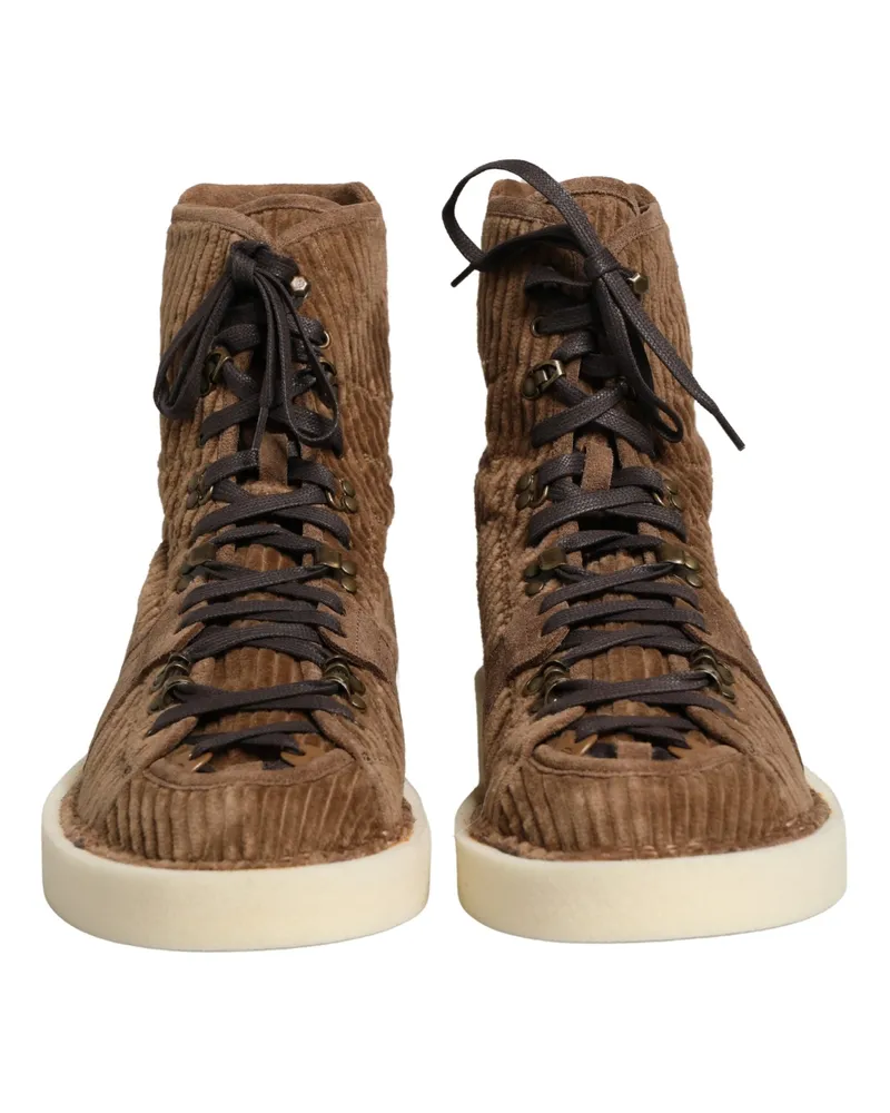 Dolce & Gabbana Men's Brown Corduroy High Top Oxford Boots Cotton Calf Leather Brown