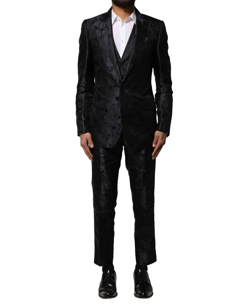 Dolce & Gabbana Silk Jacquard Single Breasted Pant Suit — Black Black