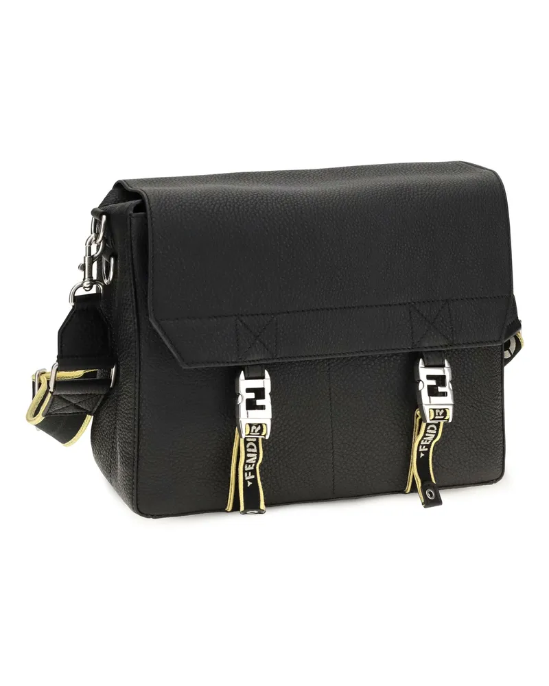 Fendi Men's Flow Mess Medium Roman Leather Crossbody Bag Nero Calf Bos Taurus Shoulder Black