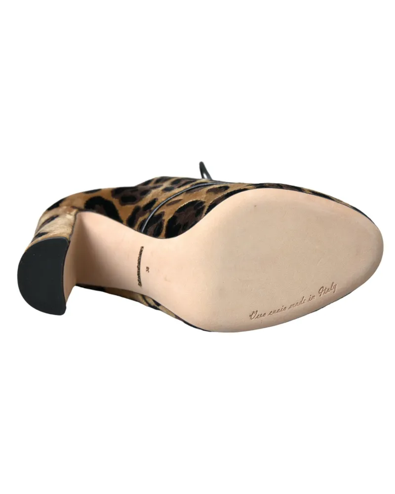 Dolce & Gabbana Women's Brown Leopard Hair Lace Up Booties Shoes Viscose Leather Brown