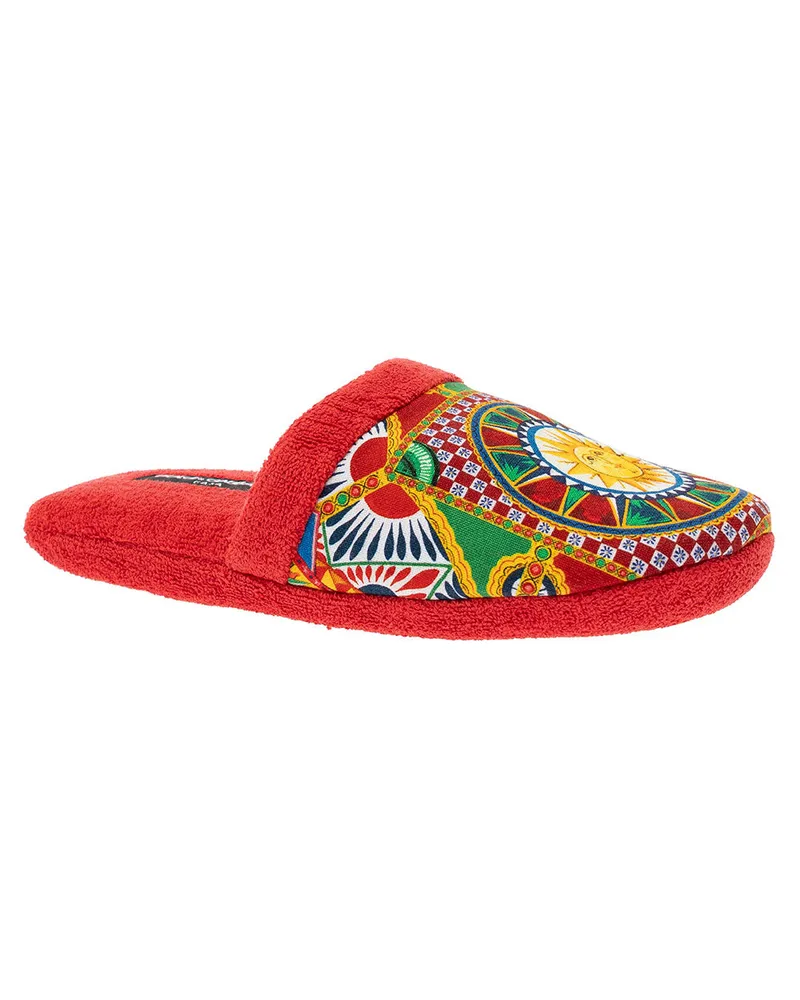 Dolce & Gabbana Unisex Slippers Sicilian Cart Print Red Cotton Flat Shoes Red