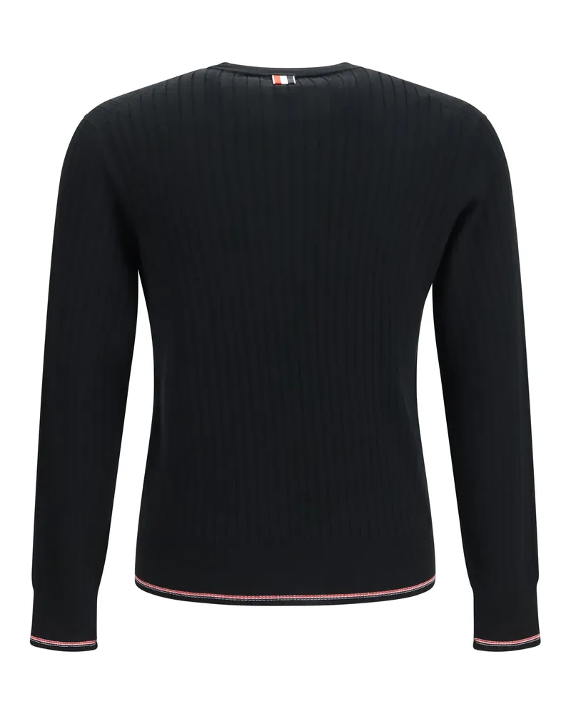 Thom Browne Ribbed Crewneck with 4-Bar Stripe Sweater — Black 