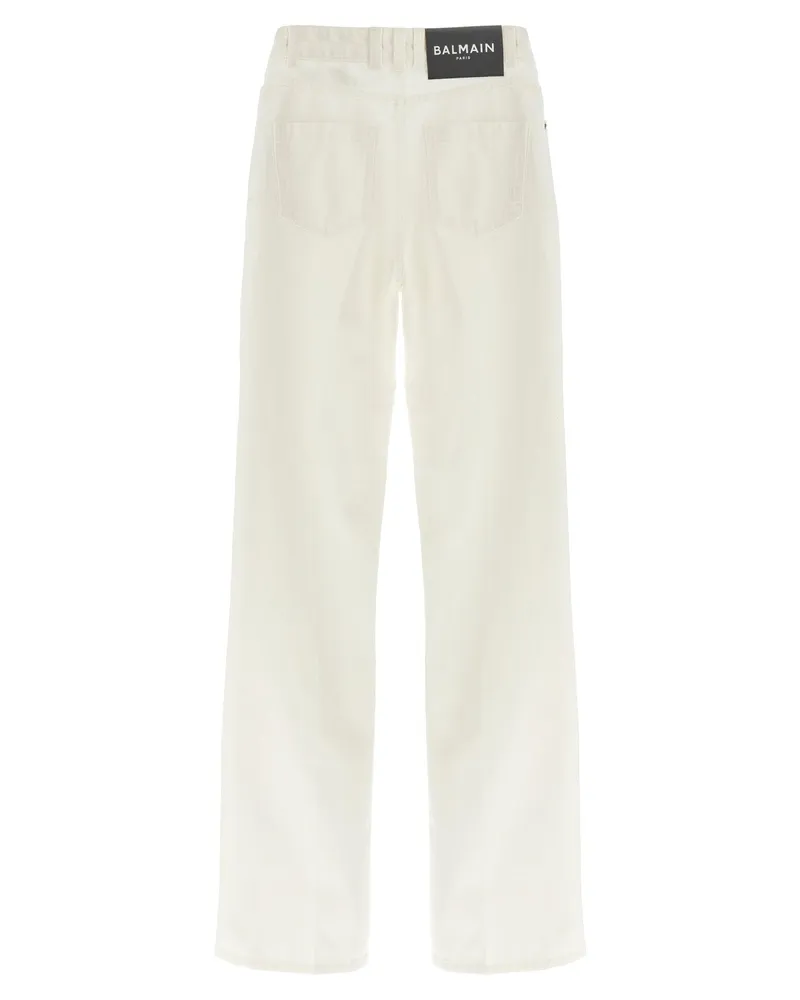 Balmain Monogram-Embroidered High-Waist Jeans — Cream Cream