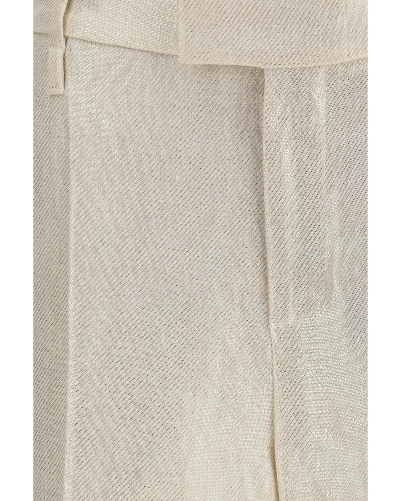 Brunello Cucinelli Women's Tailored Linen Pants Panama-Platinum Silk Trousers Panama/platinum Beige