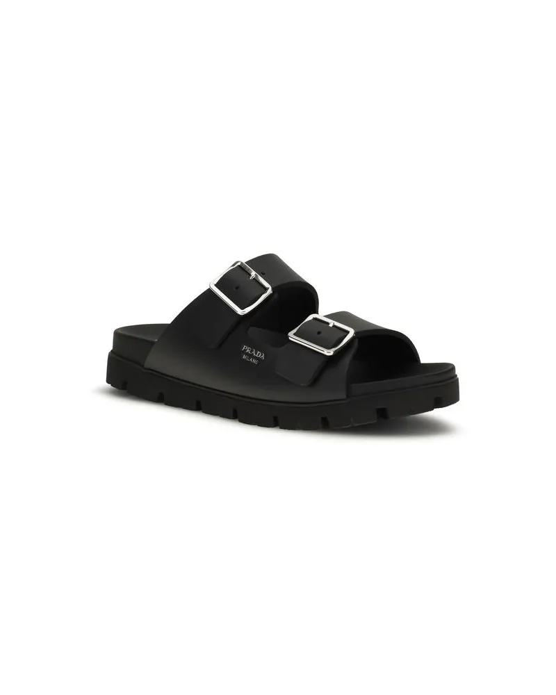 Prada Men's Black Calf Leather Bos Taurus Flat Sandals Black