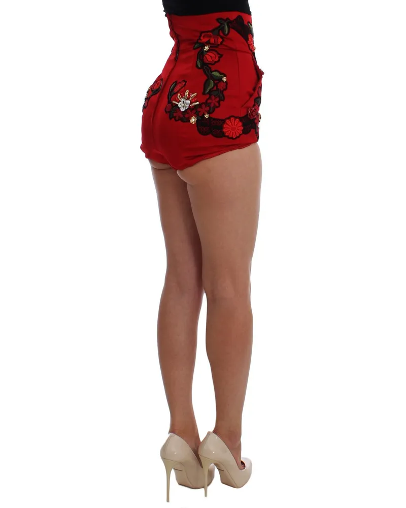 Dolce & Gabbana Women Red Silk Crystal Roses Shorts Red