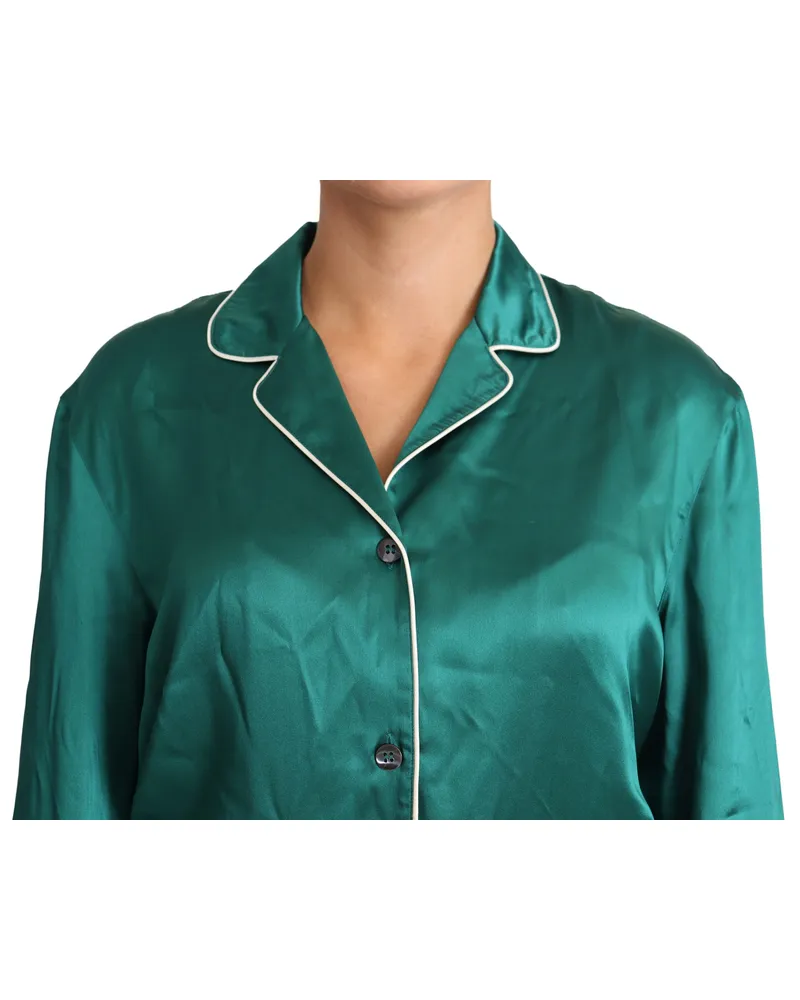 Dolce & Gabbana Women's Green Pyjama Blouse Silk Lounge Sleepwear Top Green