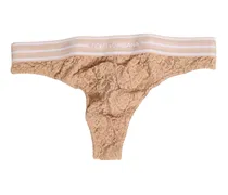 Women's Beige Lace Logo Elastic Waist Thong Tanga Underwear Polyamide Clothing