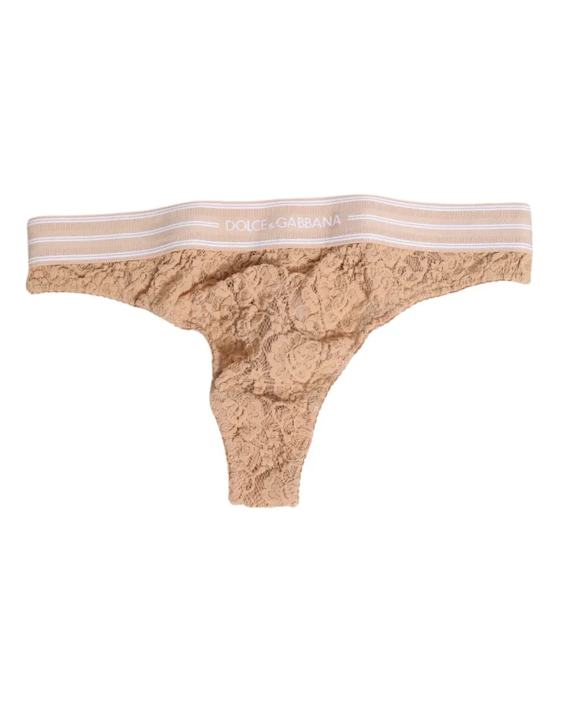 Dolce & Gabbana Women's Beige Lace Logo Elastic Waist Thong Tanga Underwear Polyamide Clothing Beige