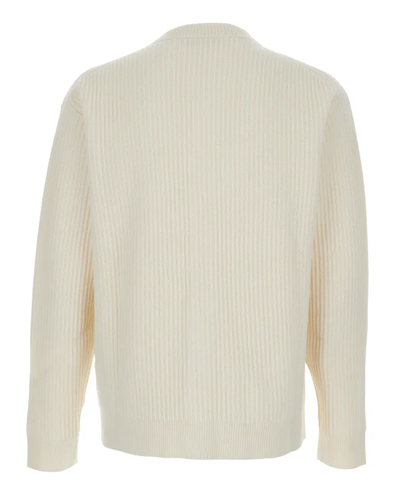 Kitsuné Men's Beige Ribbed Knit Cardigan With Logo Merino Wool Tops Top Beige