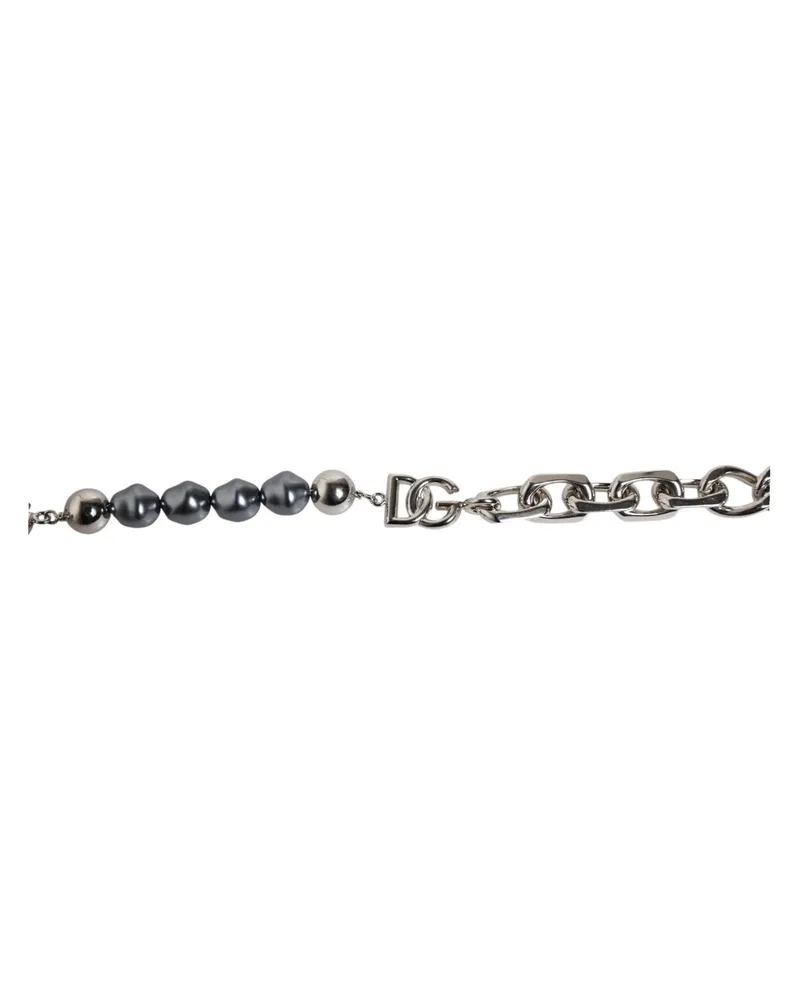 Dolce & Gabbana Men's Silver Tone Chain Lobster Clasp Logo Gray Pearls Bracelet Silver-Tone Metal Silver