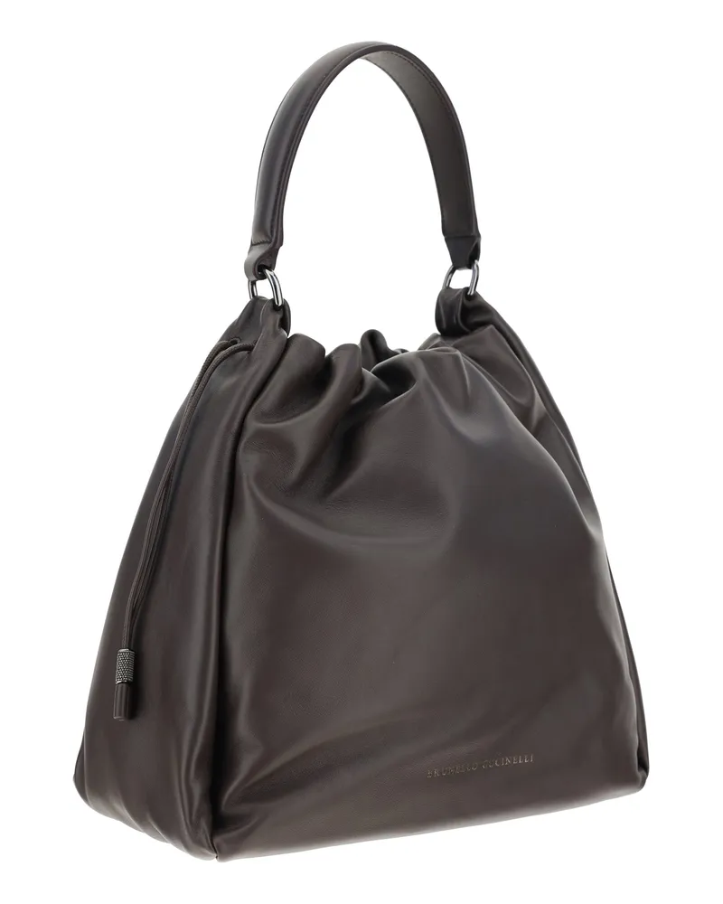 Brunello Cucinelli Drawstring Calf Leather Shoulder Bag — Brown Brown
