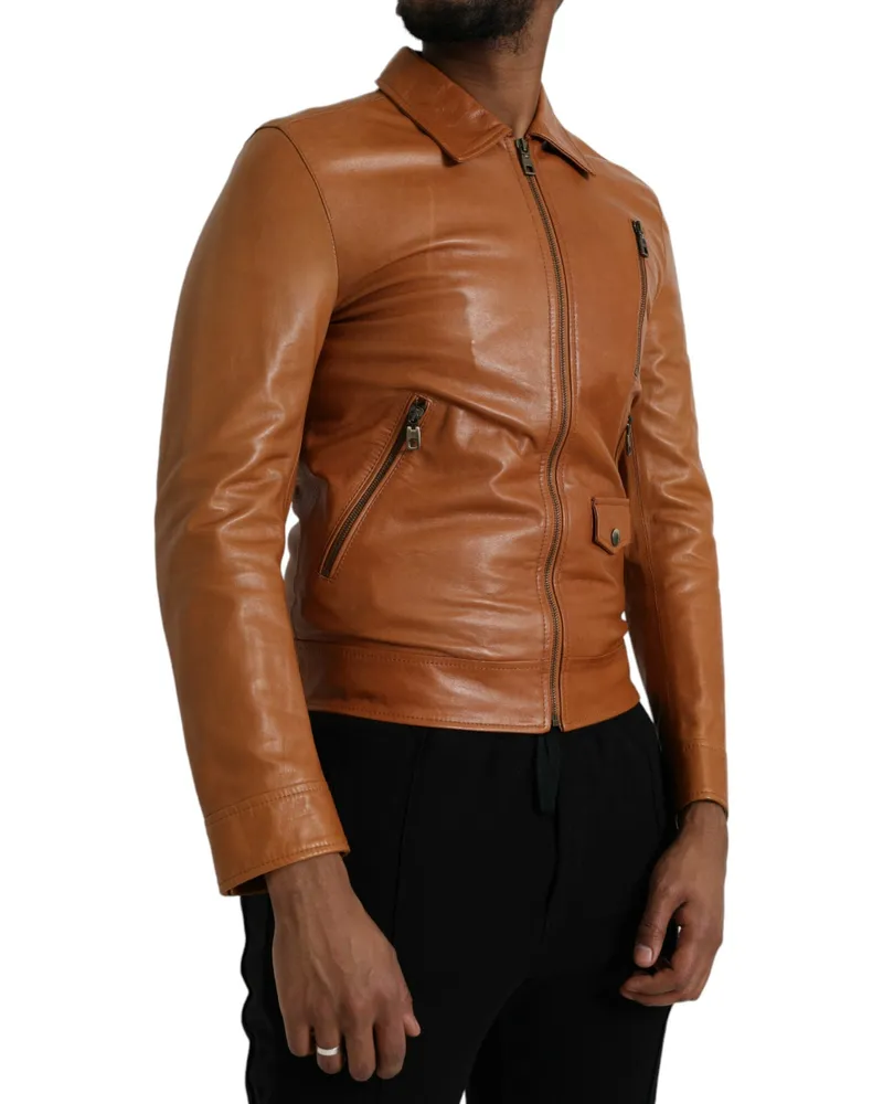 Dolce & Gabbana Men's Brown Lamb Leather Full Zip Blouson Jacket Clothing Brown