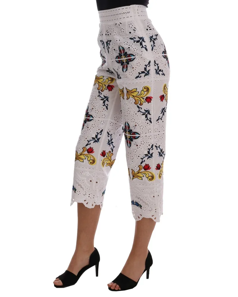 Dolce & Gabbana Women's Mulicolor Majolica Cutout Capri Pants Cotton White