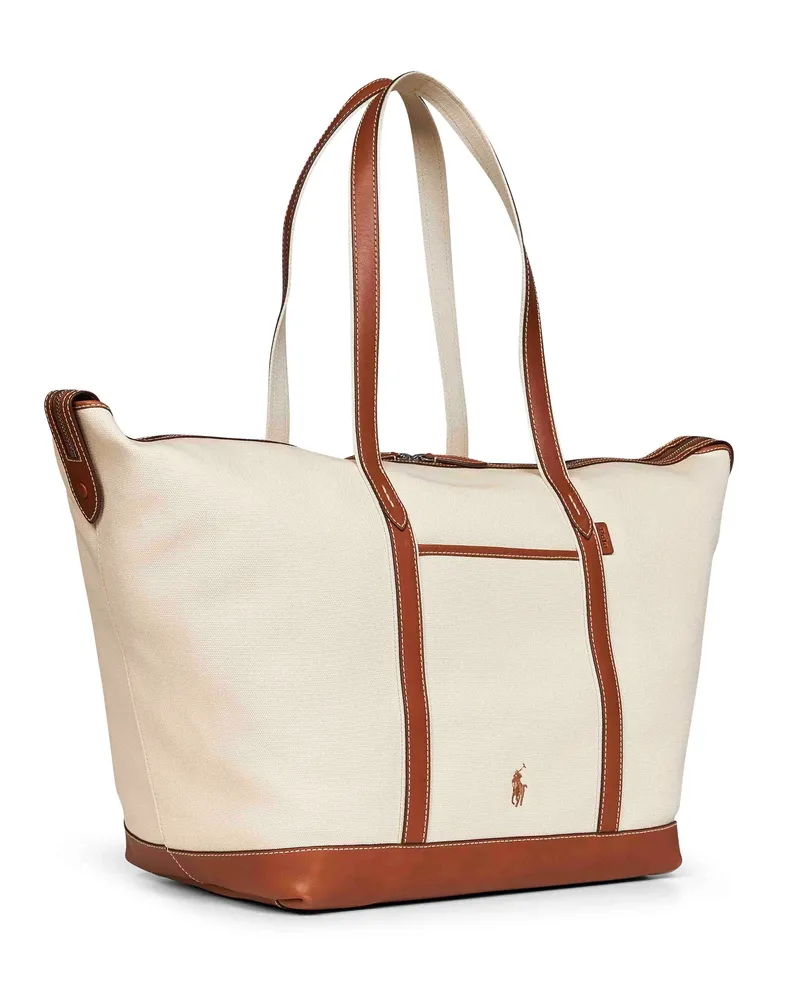 Ralph Lauren Women's Large Tote Shopper Ivory-Tan Cotton Shoulder Bags Beige