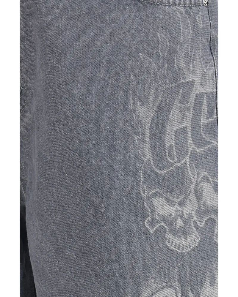 GCDS Men's Baggy Shorts Riders Quarry Grey-White Cotton Bermuda Grey/white Gray