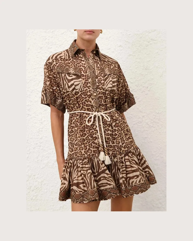 Zimmermann Women's Animal-Print Ruffled Mini Dress Ss26 W Brown