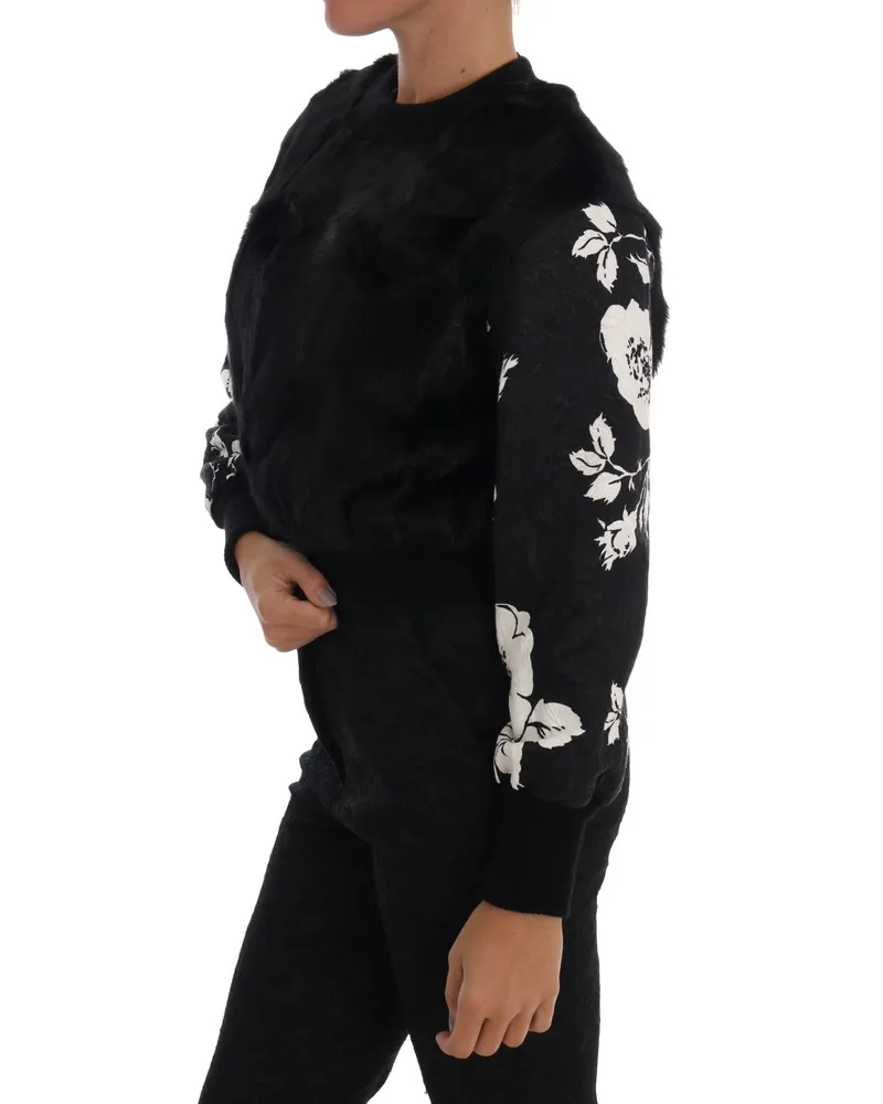 Dolce & Gabbana Women's Black Fur Floral Brocade Zipper Sweater Goat Clothing Black