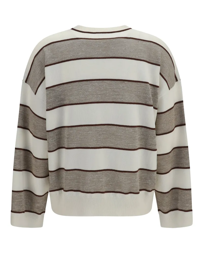 Brunello Cucinelli Women's Striped Long-Sleeve Sweater Panama+cioccolato+beige Beige