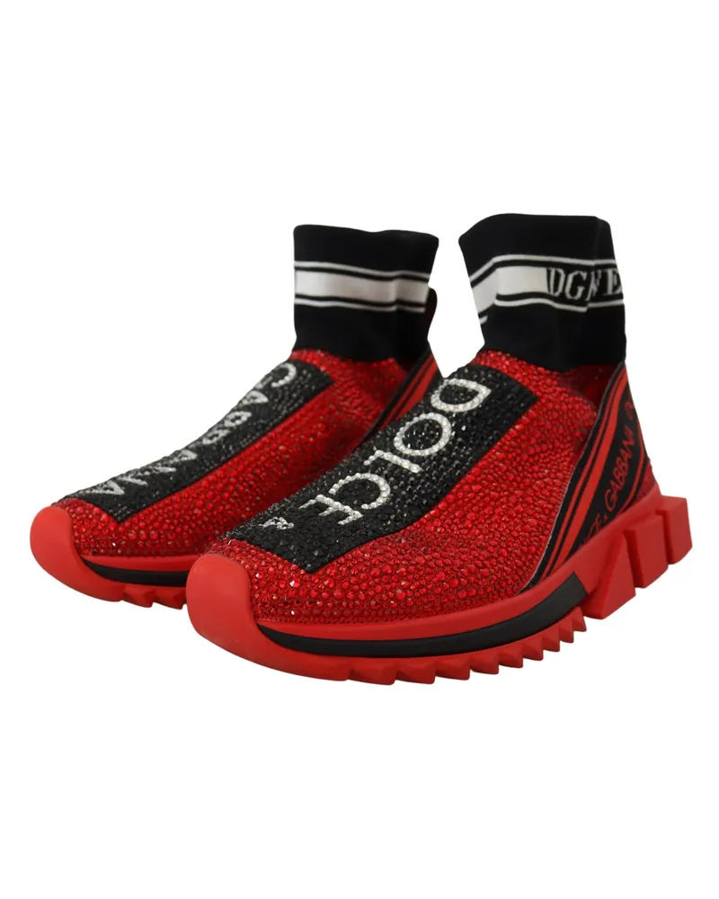 Dolce & Gabbana Women's Red Bling Sorrento Sneakers Socks Shoes Cotton Red