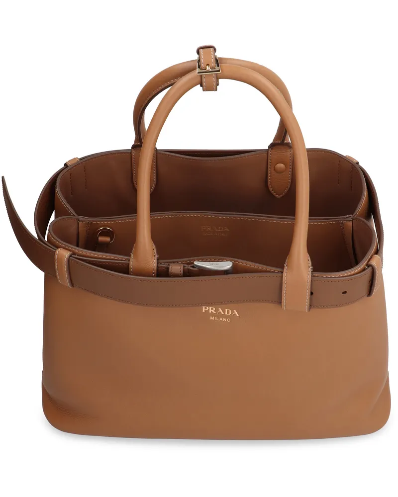 Prada Women's Buckle Calfskin Tote Bag Saddle Brown Brown