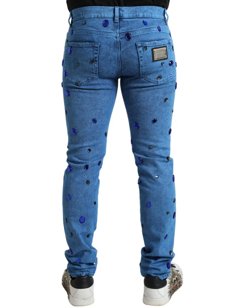 Dolce & Gabbana Men's Blue Crystal Embellished Skinny Denim Jeans Cotton Polyester Elastane Clothing Blue