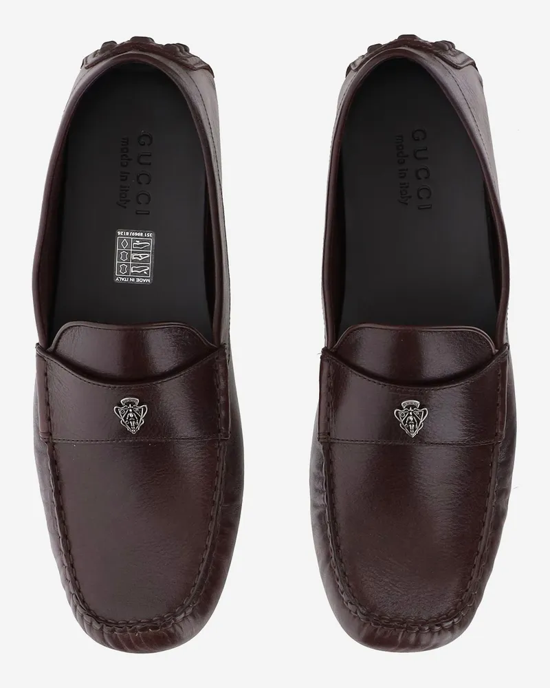 Gucci Men's Leather Loafers With Logo Emblem Brown Calfskin Brown