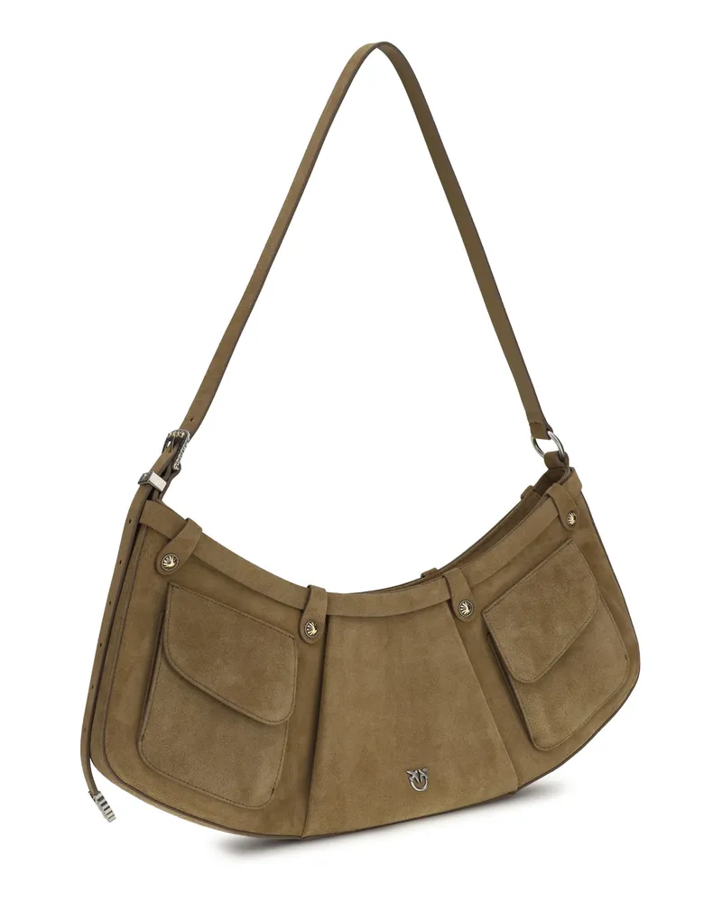 Pinko Women's Large Pocket Body Shoulder Bag Suede Verde Canguro-Old Silver Calf Leather Bos Taurus Green