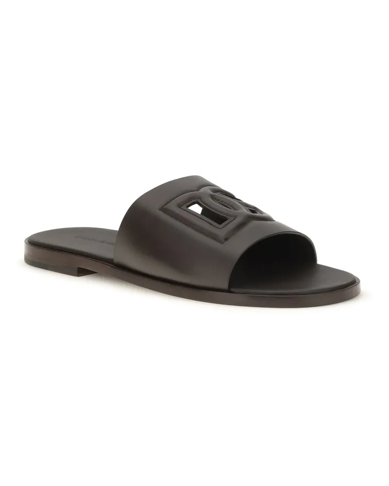 Dolce & Gabbana Men's Embossed Logo Sandals Cioccolato Fondente Calf Leather Bos Taurus Brown