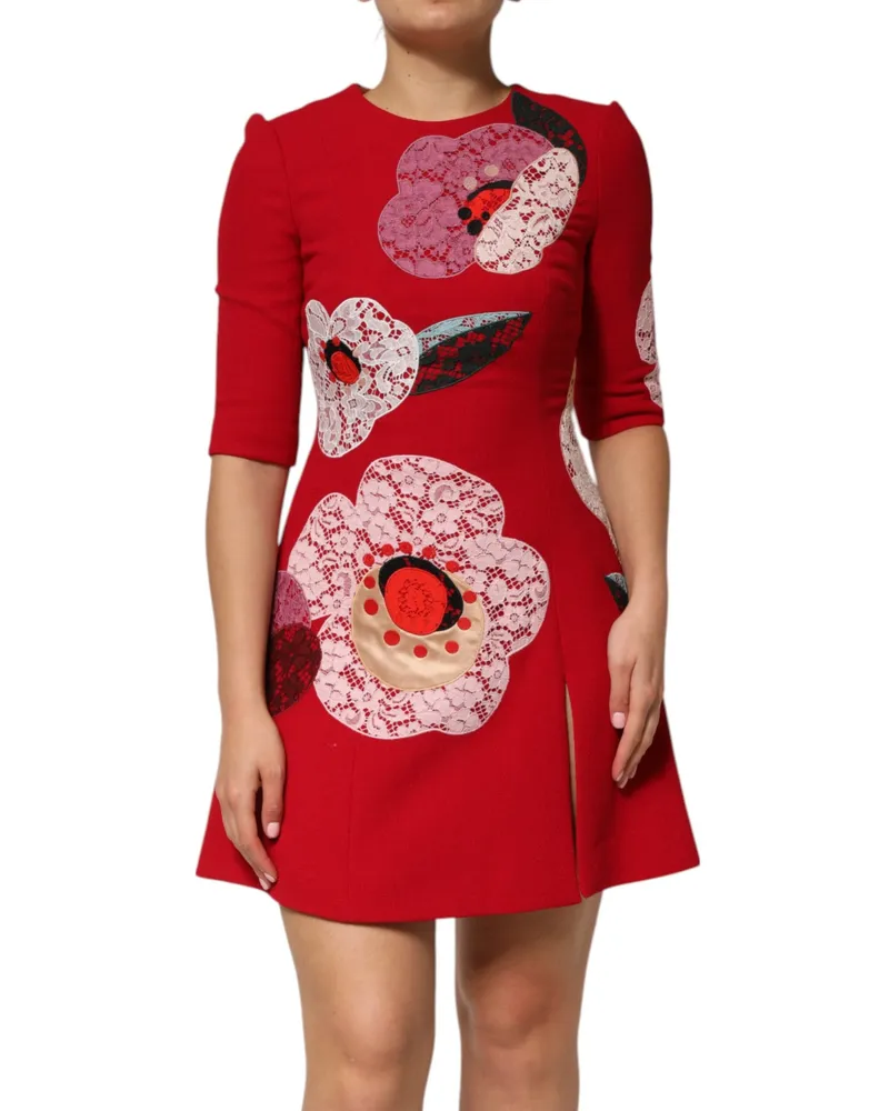 Dolce & Gabbana Women's Red Lace Floral Applique A-Line Mini Dress Wool Red