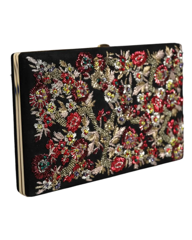 Dolce & Gabbana Women's Multicolor Floral Gold Frame Clutch Evening Purse Bag Suede Black