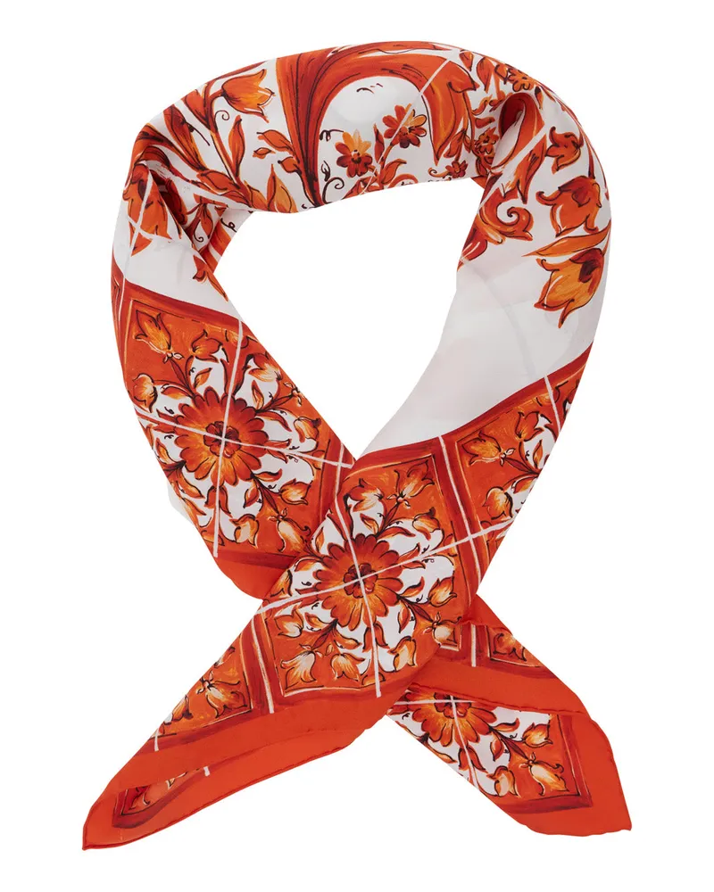 Dolce & Gabbana Majolica-Print Silk Scarf — Orange Orange