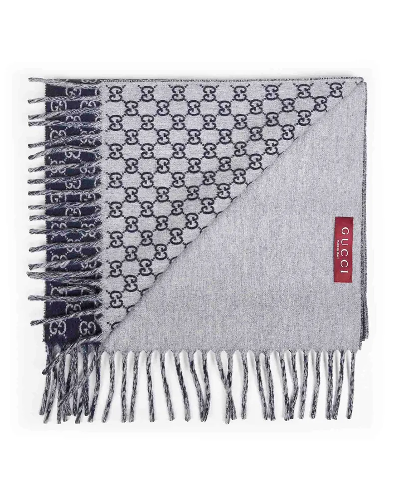 Gucci Men's Dark Blue And Light Grey Gg Wool Cashmere Scarf Scarfs Navy