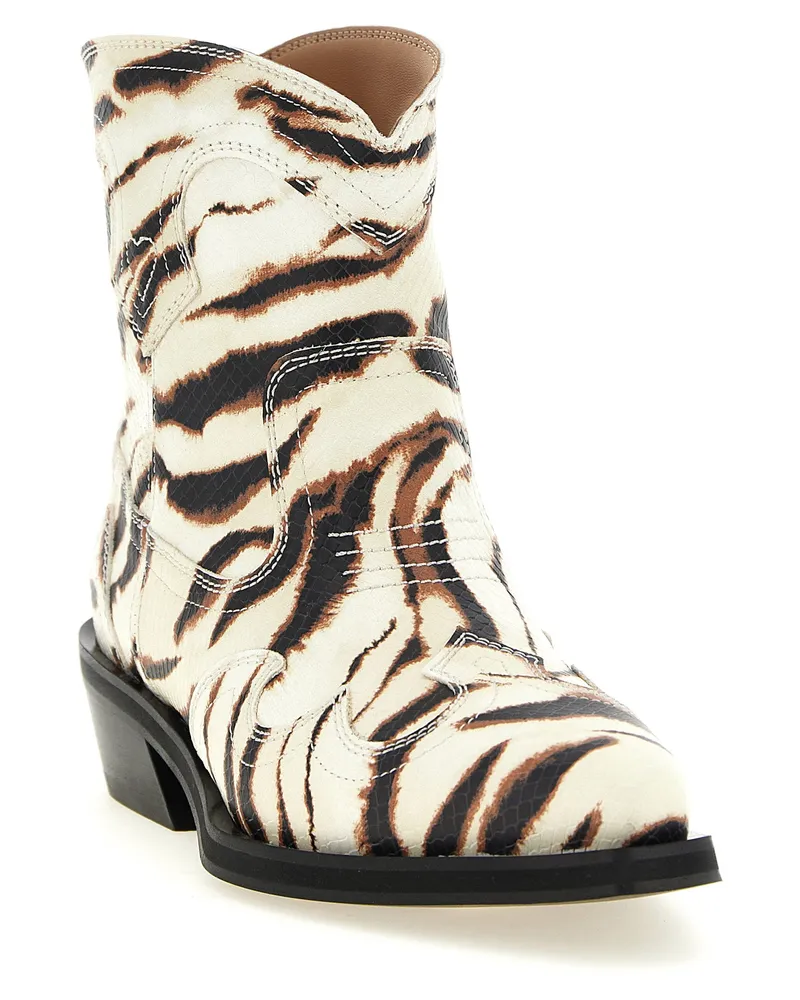 Ganni Zebra-Print Western Ankle Boot — cream Cream