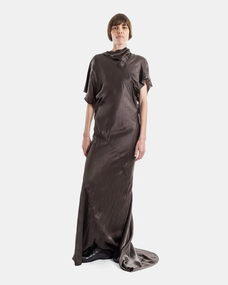Rick Owens Women's Seb Gown Draped Satin Cupro Long Dress Dark Dust Beige Brown