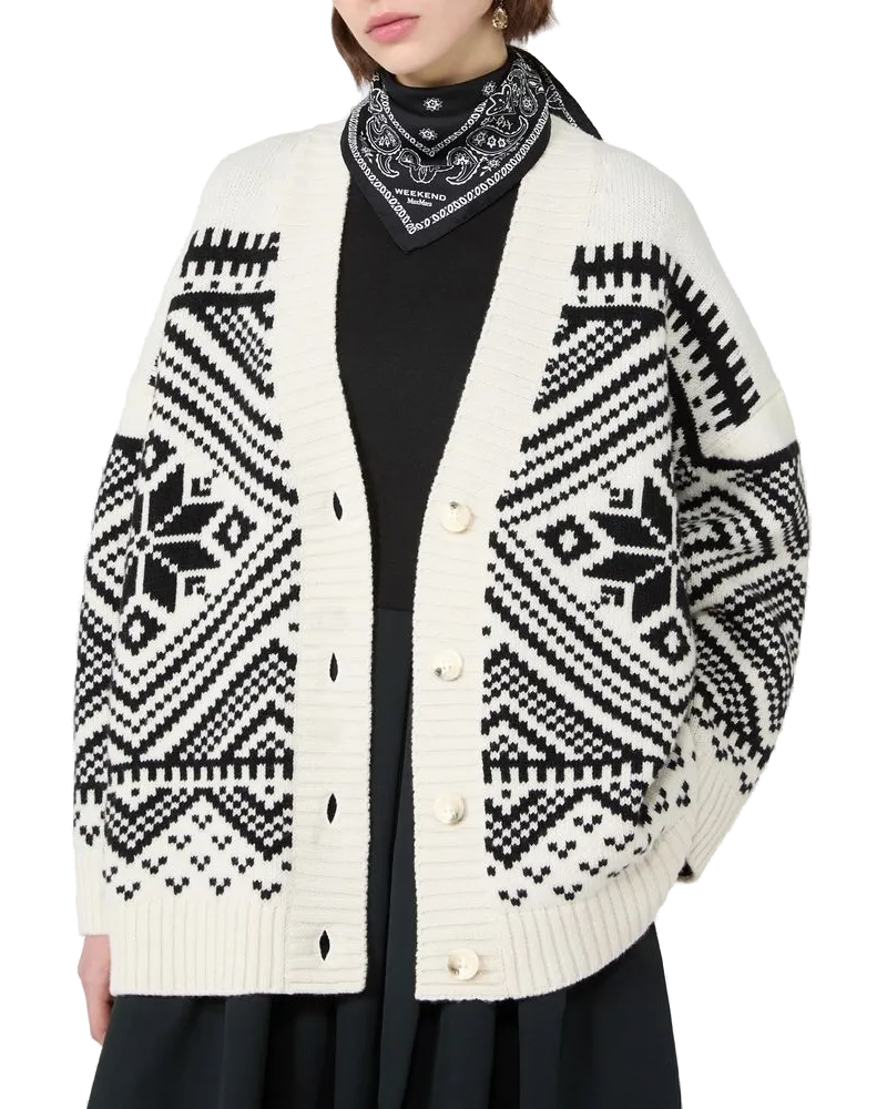 Max Mara Intarsia Virgin Wool Cardigan — White White