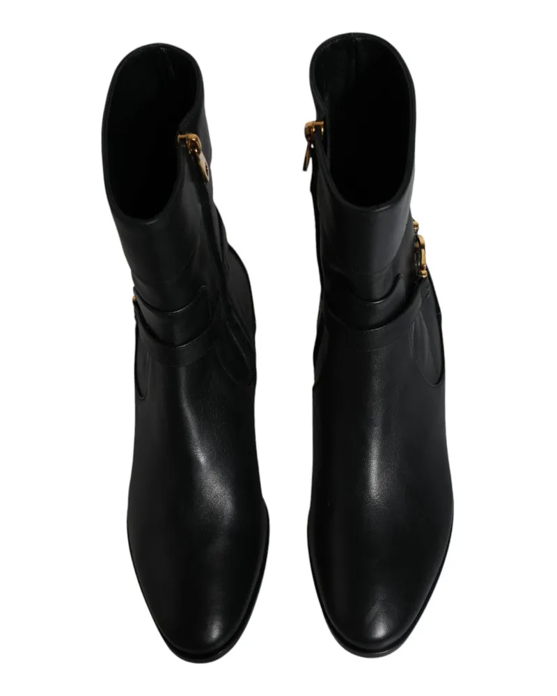 Dolce & Gabbana Women's Black Leather Logo Mid Calf Boots Shoes Black