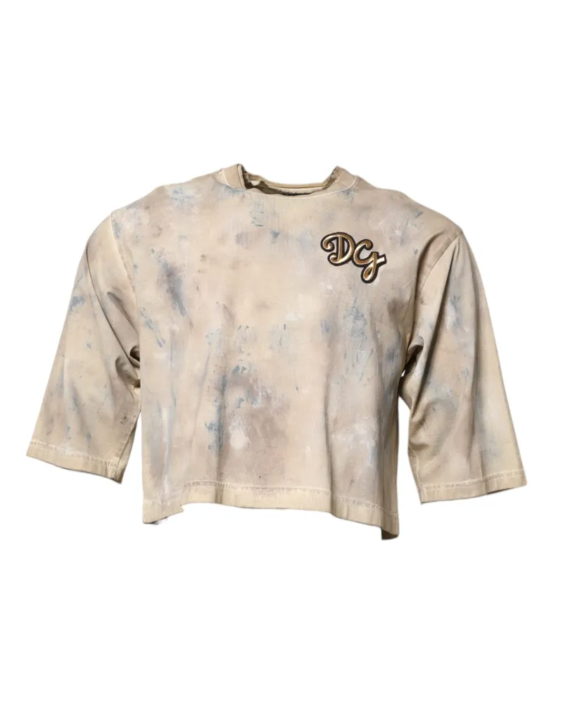 Dolce & Gabbana Men's Beige Tie Dye Dg Embroidery Cropped T-Shirt Cotton Beige