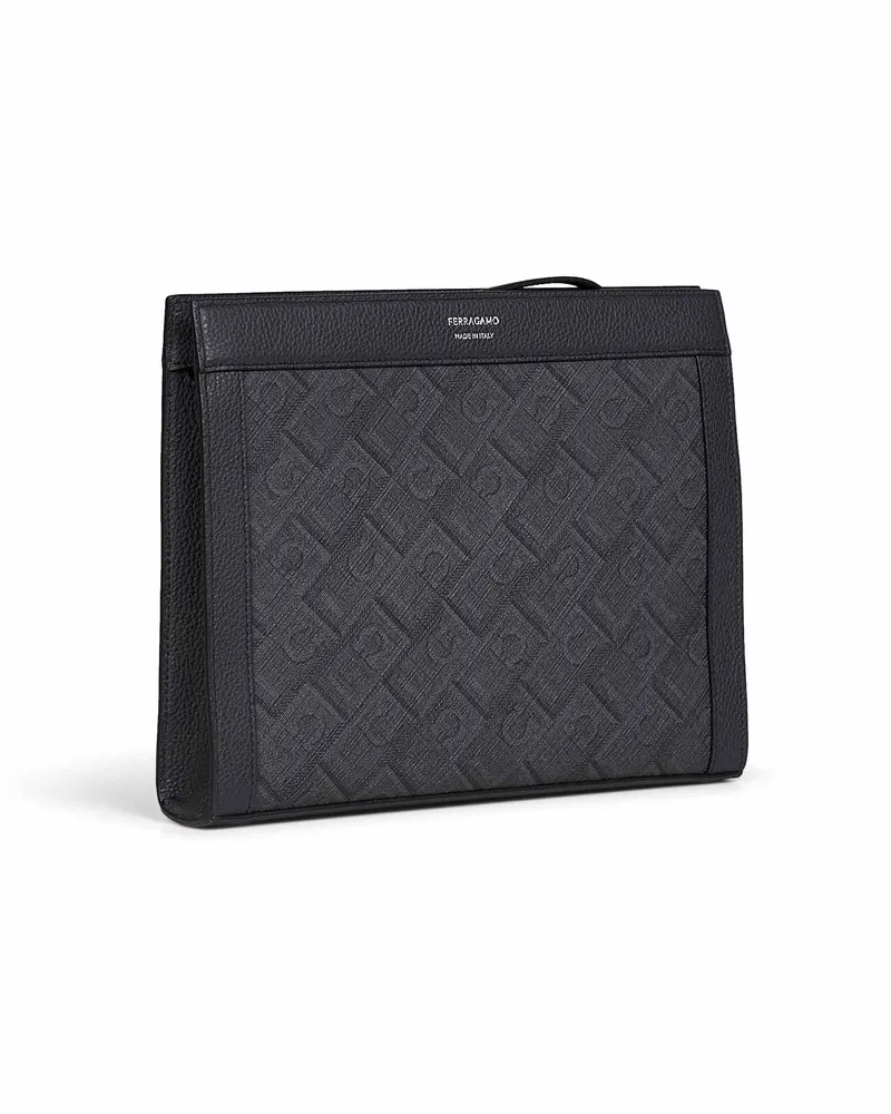 Ferragamo Men's Pouch Monogram Canvas Black Polyurethane Handbags Hand Bags Black