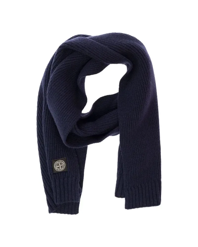 Stone Island Wool-Cashmere Blend with Logo Patch Scarf — Blue Blue